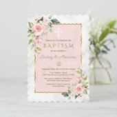 Glam Pink Blush Flowers Gold Marble Twins Baptisme Kaart (Staand voorkant)