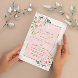 Glam Pink Blush Flowers Gold Marble Twins Baptisme Kaart