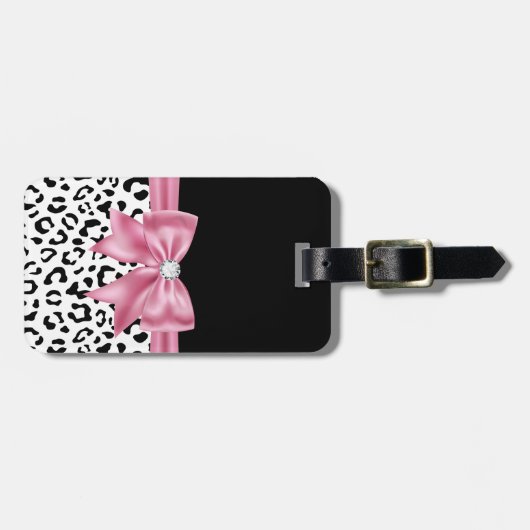 Glam Pink Bow Diamond Black Snow Leopard Bagagelabel (Voorkant horizontaal)