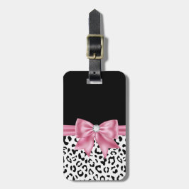 Glam Pink Bow Diamond Black Snow Leopard Bagagelabel