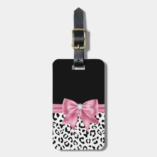 Glam Pink Bow Diamond Black Snow Leopard Bagagelabel (Voorkant verticaal)