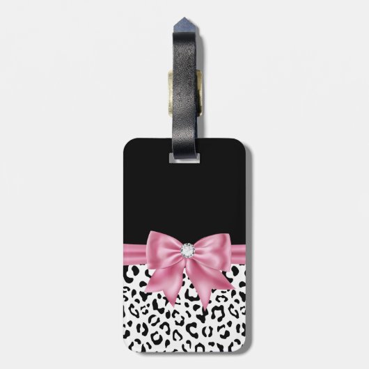 Glam Pink Bow Diamond Black Snow Leopard Bagagelabel (Achterkant verticaal)