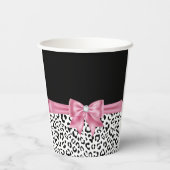 Glam Pink Bow Diamond Black Snow Leopard Papieren Bekers (Achterkant)