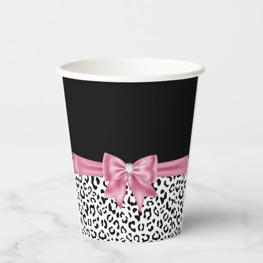 Glam Pink Bow Diamond Black Snow Leopard Papieren Bekers (Voorkant)