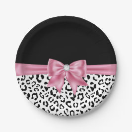 Glam Pink Bow Diamond Black Snow Leopard Papieren Bordje