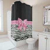 Glam Pink Bow Diamond Zebra Print Zwart Douchegordijn (In situ)