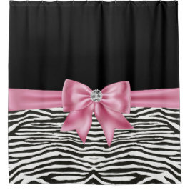 Glam Pink Bow Diamond Zebra Print Zwart Douchegordijn
