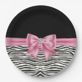 Glam Pink Bow Diamond Zebra Print Zwart Papieren Bordje (Voorkant)