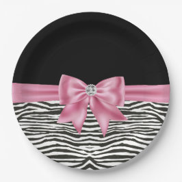 Glam Pink Bow Diamond Zebra Print Zwart Papieren Bordje