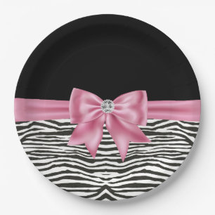 Glam Pink Bow Diamond Zebra Print Zwart Papieren Bordje