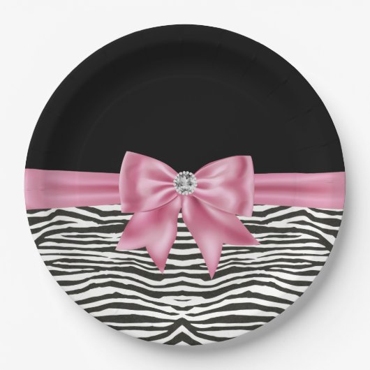 Glam Pink Bow Diamond Zebra Print Zwart Papieren Bordje (Voorkant)