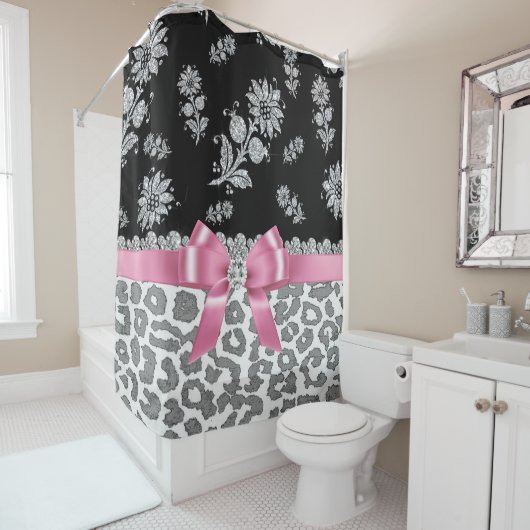 Glam Pink Bow-Grey Leopard-Silver Floral Sparkles Douchegordijn (In situ)