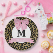 Glam Pink Bow Leopard Print Familienaam Monogram Papieren Bordje (Feest)