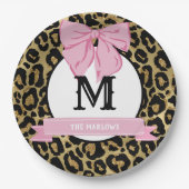Glam Pink Bow Leopard Print Familienaam Monogram Papieren Bordje (Voorkant)