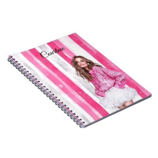 Glam Pink Brown Haired Girl Notitieboek (Rechterzijde)