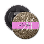 Glam Pink Champagne Gold Glitter Sparkle Monogram Button Flesopener (Voorkant)