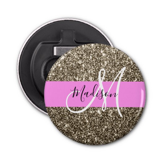 Glam Pink Champagne Gold Glitter Sparkle Monogram Button Flesopener (Voorkant)