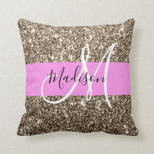 Glam Pink Champagne Gold Glitter Sparkle Monogram Kussen