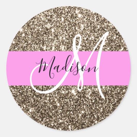 Glam Pink Champagne Gold Glitter Sparkle Monogram Ronde Sticker (Voorkant)