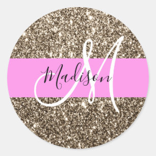 Glam Pink Champagne Gold Glitter Sparkle Monogram Ronde Sticker