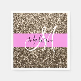 Glam Pink Champagne Gold Glitter Sparkle Monogram Servet
