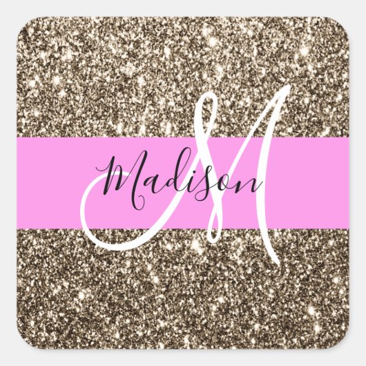 Glam Pink Champagne Gold Glitter Sparkle Monogram Vierkante Sticker (Voorkant)