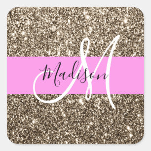 Glam Pink Champagne Gold Glitter Sparkle Monogram Vierkante Sticker