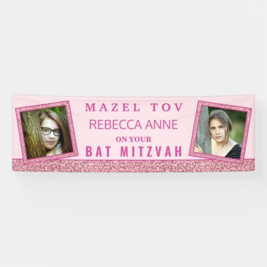 Glam Pink Chic 2 Foto Verjaardagsbat Mitswa Spandoek (Horizontaal)