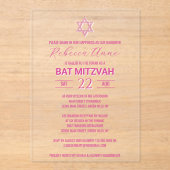 Glam Pink Chic Traditionele Elegante Bat Mitzvah Acryl Uitnodigingen (Voorkant)