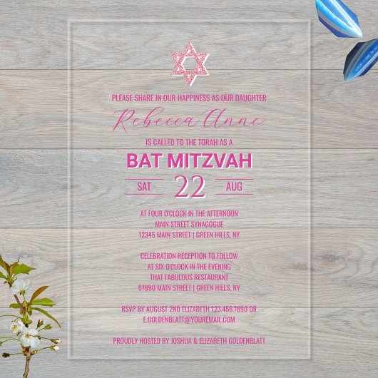 Glam Pink Chic Traditionele Elegante Bat Mitzvah Acryl Uitnodigingen
