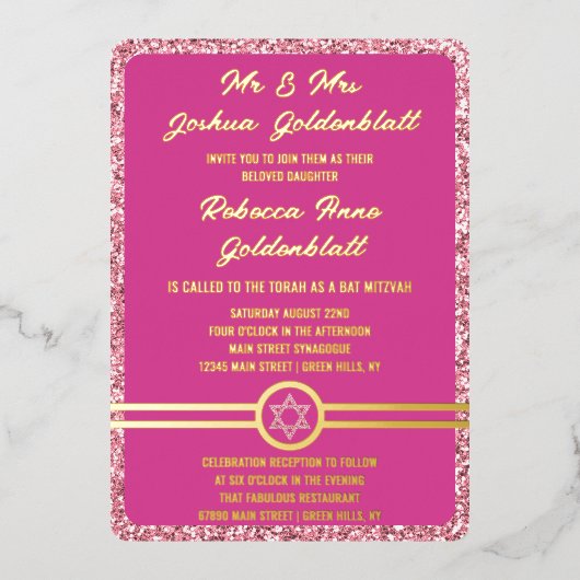 Glam Pink Classic Elegant Bat Mitswa Gold Folie Uitnodiging (Voorkant)
