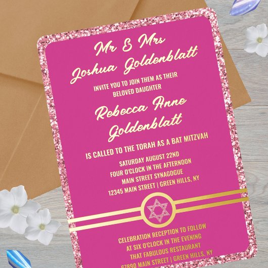 Glam Pink Classic Elegant Bat Mitswa Gold Folie Uitnodiging