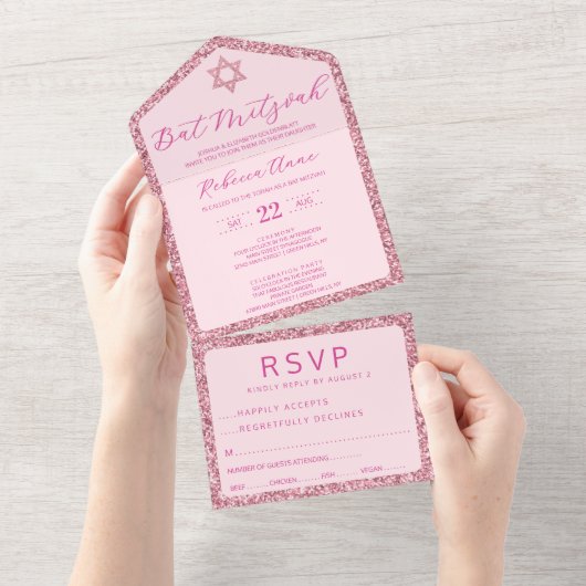Glam Pink Classic Elegant Bat Mitzvah RSVP All In One Uitnodiging (Afscheurbaar)