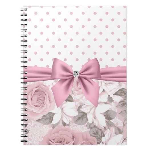 Glam Pink Diamond Bow Floral Polka Dots Notitieboek (Voorkant)