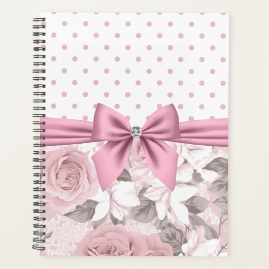 Glam Pink Diamond Bow Floral Polka Dots Planner (Voorkant)