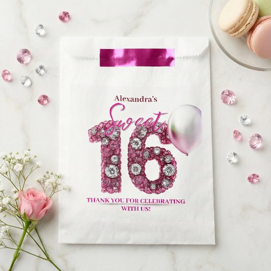 Glam Pink Diamonds & Silver Balloon Sweet 16 Bedankzakje