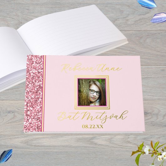 Glam Pink Elegant Photo Bat Mitswa Gold Gastenboek