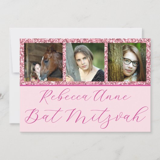 Glam Pink Elegant Script 3 Photo Bat Mitzvah Kaart (Voorkant)