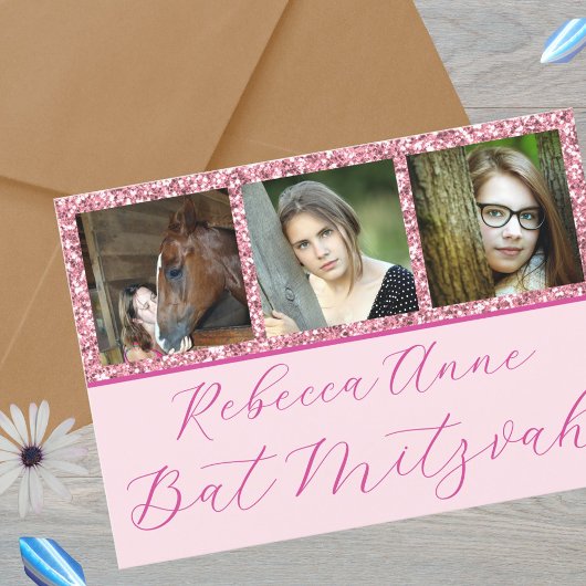 Glam Pink Elegant Script 3 Photo Bat Mitzvah Kaart