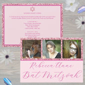 Glam Pink Elegant Script 3 Photo Bat Mitzvah Kaart