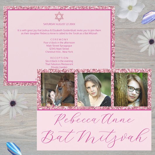 Glam Pink Elegant Script 3 Photo Bat Mitzvah Kaart