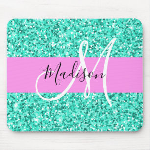 Glam Pink en Aqua Glitter Sparkles Monogram Muismat