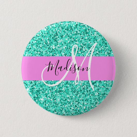 Glam Pink en Aqua Glitter Sparkles Monogram Ronde Button 5,7 Cm (Voorkant)