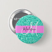 Glam Pink en Aqua Glitter Sparkles Monogram Ronde Button 5,7 Cm (Voorkant /achterkant)