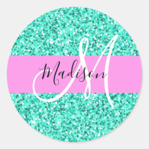 Glam Pink en Aqua Glitter Sparkles Monogram Ronde Sticker