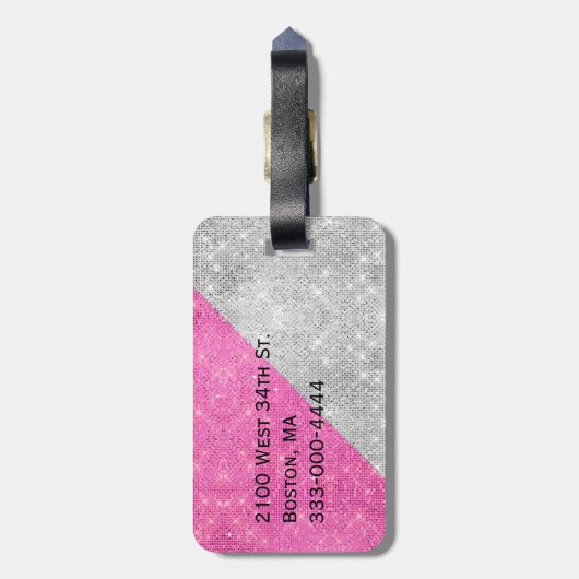 Glam Pink en Silver Monogrammed Bagagelabel (Achterkant verticaal)