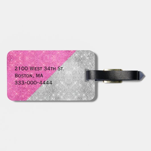 Glam Pink en Silver Monogrammed Bagagelabel (Achterkant horizontaal)