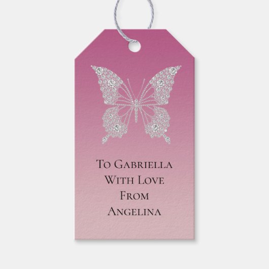 Glam Pink Faux Diamonds Butterfly Cadeaulabel (Voorkant)