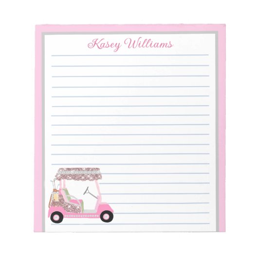 Glam Pink Gepersonaliseerde Golf Winkelwagen Naam  Notitieblok (Voorkant)