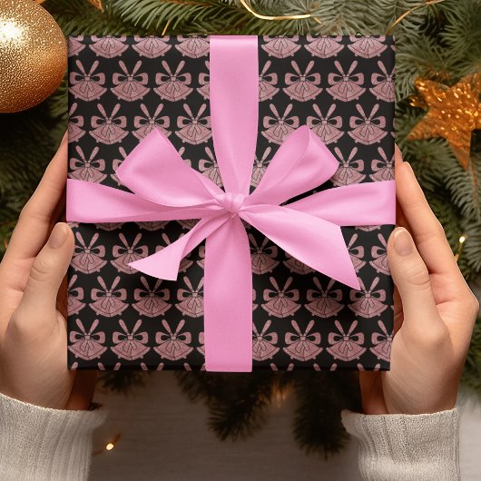Glam Pink Glitter Bells on Black Holiday Cadeaupapier